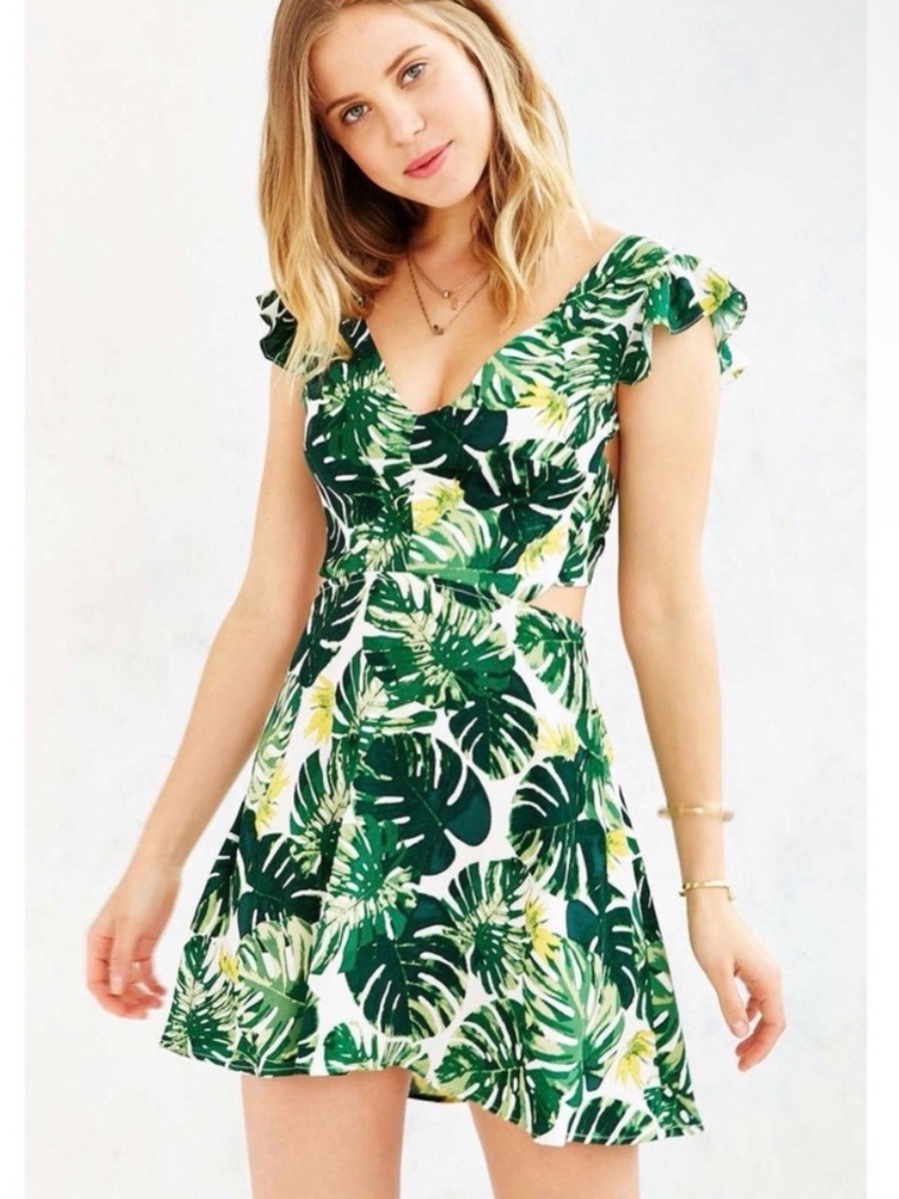 Green Tropical Print Fit & Flare Dress